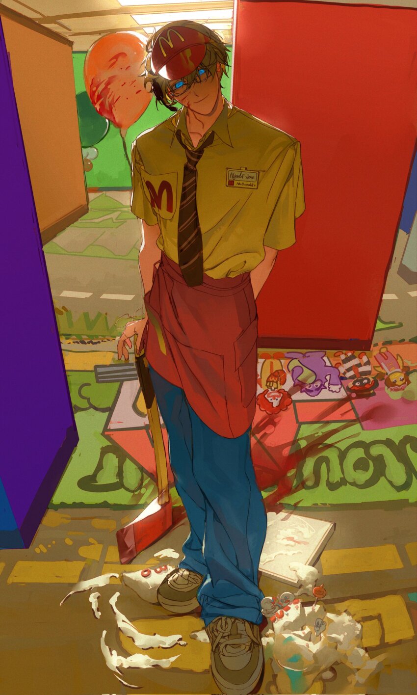 1boy america_(hetalia) apron axe axis_powers_hetalia badge balloon black-framed_eyewear blonde_hair blood blood_on_axe blood_on_face blood_on_ground blue_eyes blue_pants brown_necktie closed_mouth cluck_gugu collared_shirt earpiece fingernails full_body glasses hair_between_eyes hat highres holding holding_axe implied_murder indoors looking_at_viewer male_focus mcdonald&#039;s necktie pants red_apron red_hat semi-rimless_eyewear shirt shoes short_hair short_sleeves smile sneakers solo standing striped_necktie visor_cap white_sneakers yellow_shirt