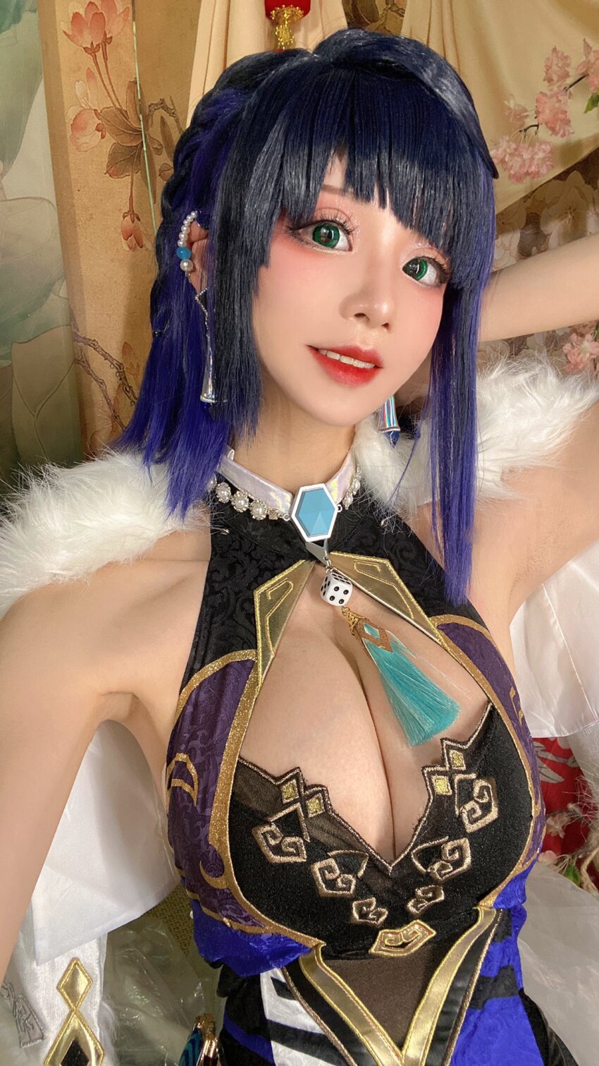 1girl armpits artist_request bare_arms bare_shoulders black_hair blue_hair breasts cleavage cosplay female_focus genshin_impact green_eyes highres japanese_(nationality) large_breasts looking_at_viewer multicolored_hair photo_(medium) short_hair smile solo teeth yelan_(genshin_impact) yelan_(genshin_impact)_(cosplay)
