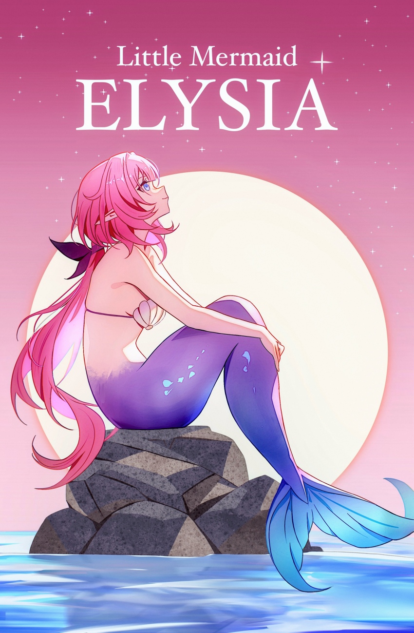 1girl absurdres andersen&#039;s_fairy_tales blue_eyes breasts character_name chinese_commentary commentary_request cosplay elysia_(honkai_impact) euzh266 from_side full_moon highres honkai_(series) honkai_impact_3rd long_hair medium_breasts mermaid monster_girl monsterification moon pink_hair pink_sky pointy_ears shell shell_bikini sitting sky solo the_little_mermaid_(andersen) the_little_mermaid_(andersen)_(cosplay)