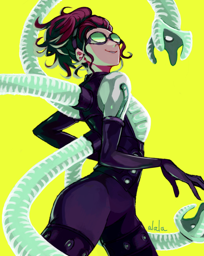 1girl black_bodysuit bodysuit doctor_octopus from_side goggles green-tinted_eyewear green_goggles hair_behind_ear head_tilt highres looking_at_viewer marvel mechanical_tentacles olivia_octavius open_hand parted_lips red_hair smile solo spider-man:_into_the_spider-verse spider-man_(series) spider-verse sushi_pizza_rrr tinted_eyewear yellow_eyes