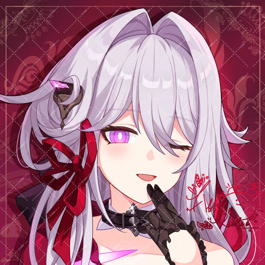 1girl abby_riddle absurdres artist_logo black_choker black_gloves black_horns bright_pupils chinese_commentary choker commentary_request finger_to_mouth gloves hair_between_eyes hair_intakes hair_ribbon half_gloves highres honkai_(series) honkai_impact_3rd horns light_blush logo long_hair looking_at_viewer one_eye_closed open_mouth portrait purple_eyes red_background red_ribbon ribbon side_horn single_bare_shoulder single_horn smile solo thelema_nutriscu thelema_nutriscu_(mad_pleasure:_shadowbringer) white_hair white_pupils