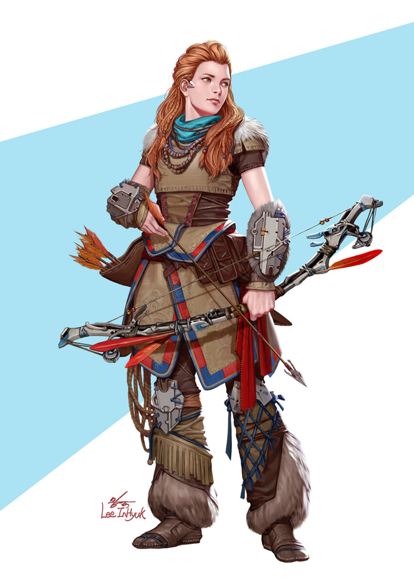 1girl aloy_(horizon) arrow_(projectile) blue_background boots bow_(weapon) full_body green_eyes highres holding holding_bow_(weapon) holding_weapon horizon_(video_game) horizon_forbidden_west in-hyuk_lee leather leather_boots leather_pants long_hair looking_to_the_side orange_hair pants quiver short_sleeves signature solo standing two-tone_background weapon white_background