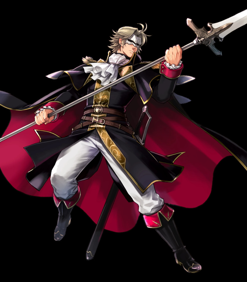 1boy belt blonde_hair boots camus_(fire_emblem) cape epaulettes fire_emblem fire_emblem:_mystery_of_the_emblem fire_emblem_heroes full_body highres male_focus mask nintendo official_art polearm solo spear suekane_kumiko sword transparent_background weapon