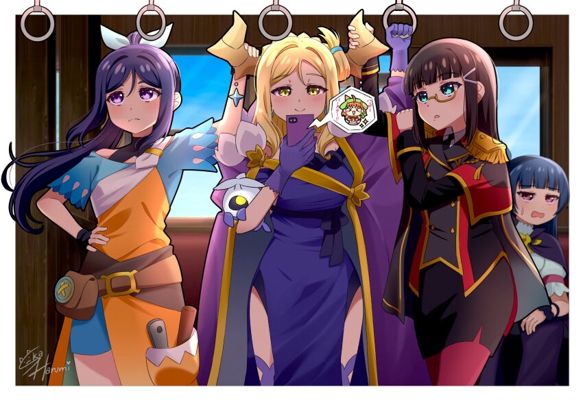 5girls absurdres birthday black_hair blonde_hair blue_hair blunt_bangs blush chika_(genjitsu_no_yohane) commentary_request demon_horns dia_(genjitsu_no_yohane) earrings genjitsu_no_yohane green_eyes hand_on_own_hip high_ponytail highres horn_grab horns jewelry kanan_(genjitsu_no_yohane) kurosawa_dia long_hair love_live! love_live!_sunshine!! mari_(genjitsu_no_yohane) matsuura_kanan mole mole_under_mouth monocle multiple_girls ohara_mari orange_hair pink_eyes ponytail purple_eyes purple_hair sidelocks signature sitting ska.harumi standing takami_chika train_interior tsushima_yoshiko yellow_eyes yohane_(genjitsu_no_yohane)