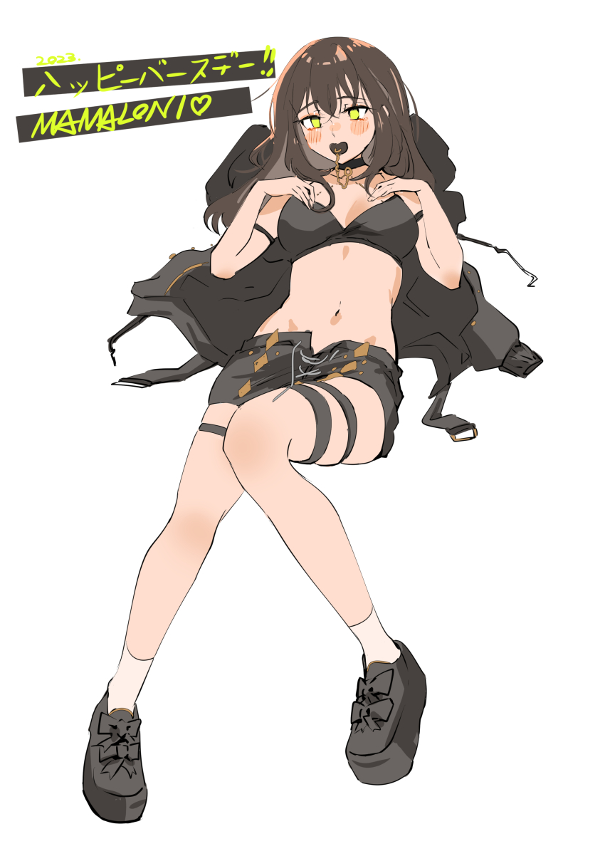 1girl absurdres bib black_footwear black_jacket blush breasts brown_hair chain choker full_body highres hood hoodie jacket long_hair long_sleeves looking_at_viewer lying mamaloni_(character) medium_breasts o-ring o-ring_choker original pacifier set7 simple_background solo thighs white_background