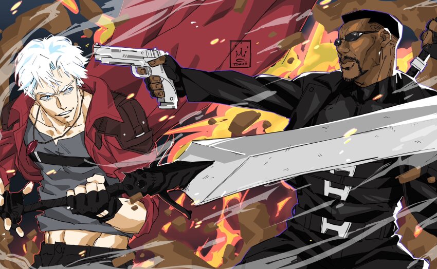 2boys black_hair blade_(marvel) blade_(series) coat covered_abs crossover dante_(devil_may_cry) dark-skinned_male dark_skin devil_may_cry_(series) dhampir fighting_stance glasses gun handgun highres holding holding_gun holding_weapon male_focus marvel multiple_boys muscular muscular_male rebellion_(sword) red_coat round_eyewear tdamilare11 undead vampire weapon white_hair