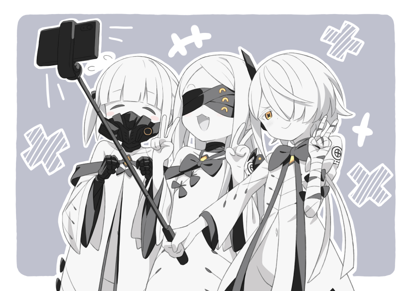 3girls absurdres black_mask blindfold blue_archive coat colored_skin covered_eyes double_v ein_(blue_archive) fang hair_over_one_eye highres holding holding_stick laika_(sputnik2nd) mask mechanical_hands mechanical_tail multiple_girls ohr_(blue_archive) respirator selfie selfie_stick smile sof_(blue_archive) stick symbol-shaped_pupils tail v white_background white_coat white_skin x-shaped_pupils