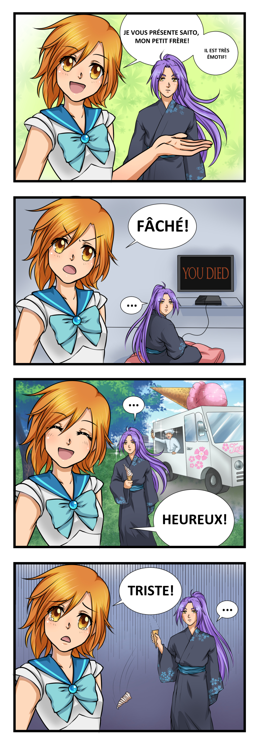 ... 1girl 2boys 4koma :d :| absurdres black_kimono blue_bow blue_bowtie blue_brooch blue_sailor_collar bow bowtie brooch brother_and_sister closed_eyes closed_mouth comic day dropped_food expressionless flat_screen_tv floral_print food food_stand food_truck french_text game_console hair_between_eyes highres holding holding_food holding_ice_cream ice_cream ice_cream_stand introduction japanese_clothes jewelry kimono long_hair looking_at_viewer looking_back multiple_boys nadeshicon nadeshiko_(nadeshicon) obi official_art open_mouth orange_eyes orange_hair outdoors ponytail print_kimono purple_hair sailor_collar saito_(nadeshicon) sash second-party_source shirt short_hair short_sleeves siblings sitting smile sparkle sparkling_aura speech_bubble spoken_ellipsis standing tearing_up television translated vikisaki white_shirt yellow_eyes you_died
