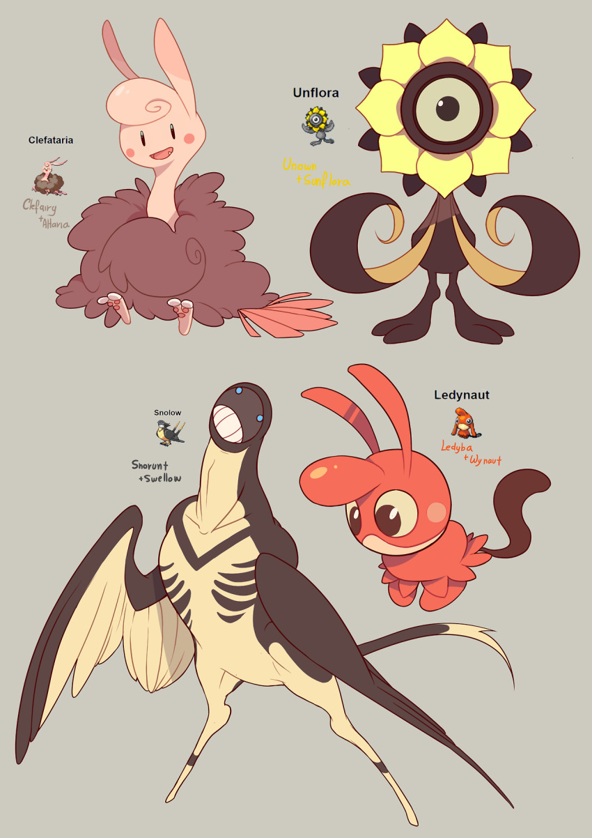 altaria black_eyes character_name clefairy commentary creature english_commentary fang full_body fusion gen_1_pokemon gen_2_pokemon gen_3_pokemon grey_background highres ledyba looking_at_viewer nintendo no_humans pokemon pokemon_(creature) simple_background single_eye snorunt sony-shock standing sunflora swellow unown unown_(other) wynaut