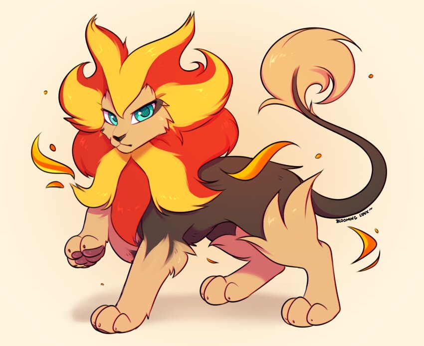 bloominglynx full_body gen_6_pokemon green_eyes highres looking_at_viewer nintendo no_humans pokemon pokemon_(creature) pyroar simple_background solo white_background