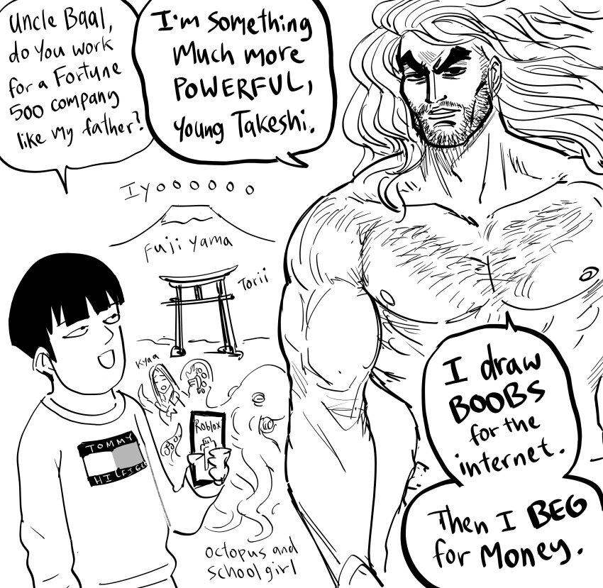 1girl 2boys absurdres artist_self-insert bara bb_(baalbuddy) beard black_hair blonde_hair cellphone character_name chest_hair collarbone commentary english_commentary english_text facial_hair gigachad_(meme) greyscale highres holding holding_phone japan logo long_hair meme monochrome mount_fuji multiple_boys muscular muscular_male nipples octopus phone product_placement roblox sketch speech_bubble thick_eyebrows tommy_hilfiger topless_male torii uncle_and_nephew
