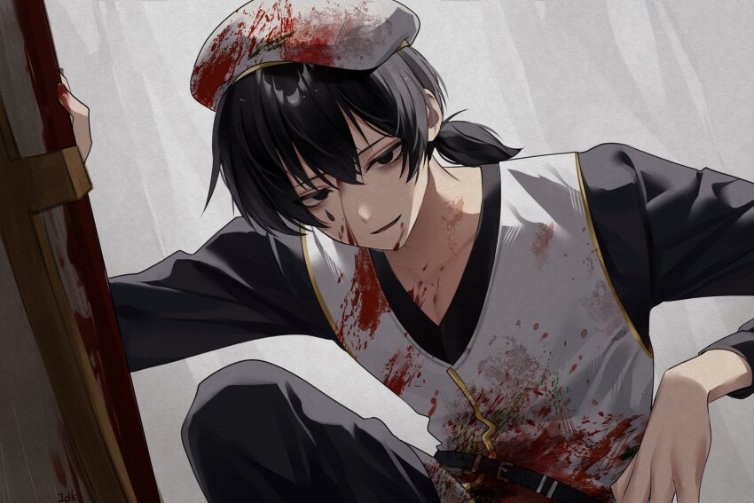1boy apron belt beret black_belt black_eyes black_hair black_pants black_shirt blood blood_on_clothes blood_on_hat canvas_(object) hat highres limbus_company long_sleeves low_ponytail medium_hair pants parted_lips ponytail project_moon ring_(identity)_(project_moon) shirt smile sohdvh_khos_ph solo white_apron white_hat yi_sang_(project_moon)