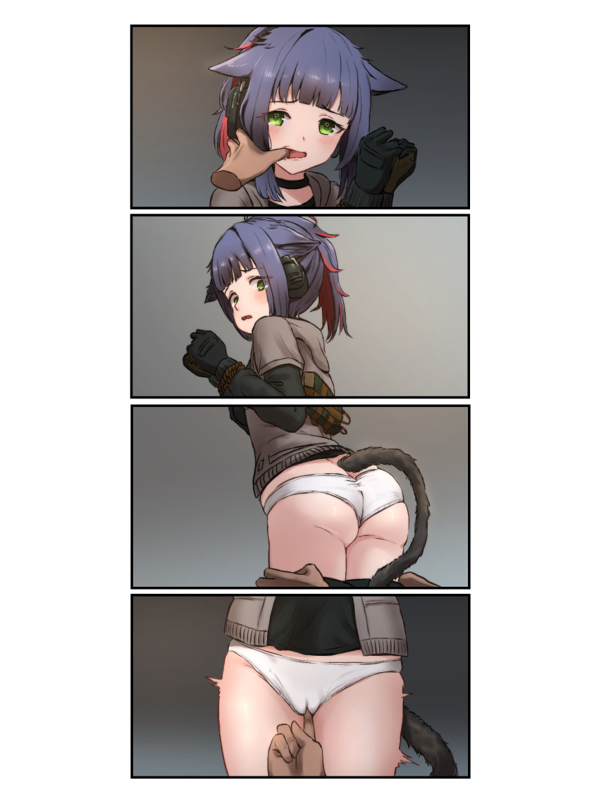 1boy 1girl animal_ears arknights arms_up ass bdsm black_choker black_gloves black_hair black_shirt blunt_bangs blush bomb bondage bound bound_wrists brown_jacket cameltoe cat_ears cat_girl cat_tail choker clothes_pull explosive finger_in_another&#039;s_mouth fingering gloves green_eyes grey_background headphones hetero highres hood hoodie jacket jessica_(arknights) loli long_sleeves medium_hair molestation multicolored_hair multiple_views open_mouth pale_skin panels panties ponytail pulling_another&#039;s_clothes reber red_hair rope scared shiny_skin shirt shorts shorts_pull sidelocks standing tail tearing_up tears two-tone_hair underwear undressing undressing_another white_background white_panties