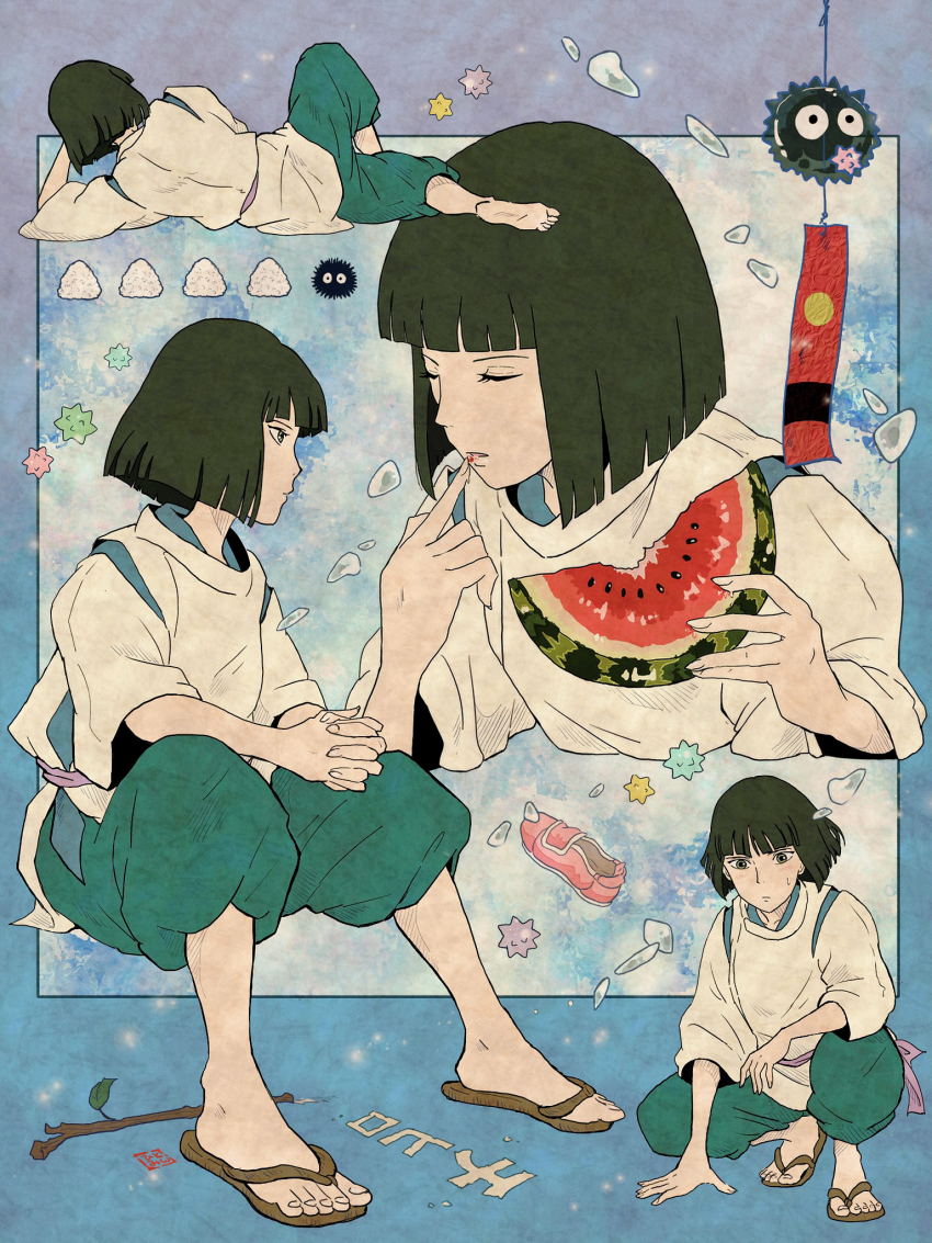 1boy bishounen black_hair blunt_bangs blunt_ends border candy eating elbow_rest finger_to_mouth food fruit glass_shards gradient_border green_pants haku_(sen_to_chihiro_no_kamikakushi) hand_on_floor hand_on_own_cheek hand_on_own_face highres hitomin_(joutaro195) holding holding_food holding_fruit holding_watermelon invisible_chair japanese_clothes kariginu kneeling konpeitou light_blush lying male_focus miyazaki_hayao_(style) multicolored_background multiple_views on_side outside_border pants paper_texture puffy_pants sandals sen_to_chihiro_no_kamikakushi shirt short_hair sitting three-quarter_sleeves studio_ghibli_(style) susuwatari sweatdrop twig waraji watermelon watermelon_slice white_shirt wide_sleeves