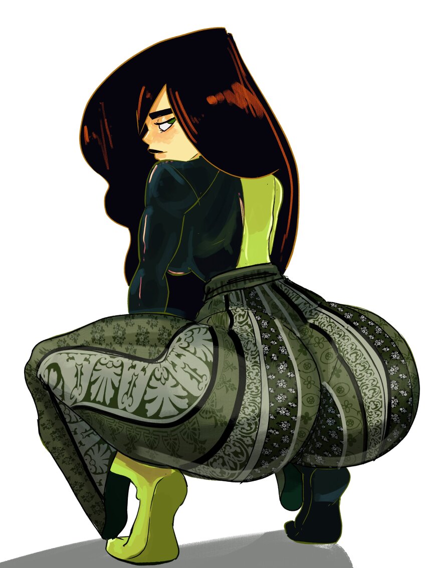 1girl absurdres alternate_costume ass bell-bottoms black_bodysuit black_hair bodysuit dand_u forbidden_pants green_bodysuit green_eyes green_pants highres huge_ass kim_possible_(series) long_hair looking_at_viewer looking_back meme_attire pants print_pants print_request shego simple_background solo squatting thick_thighs thighs tiptoes two-tone_bodysuit white_background