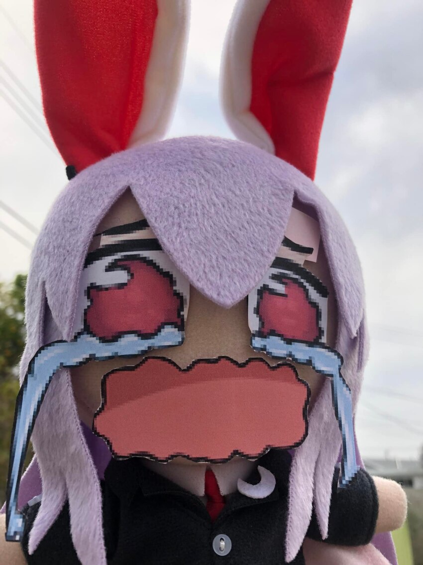 1girl black_blazer blazer blurry blurry_background buttons cloud cloudy_sky collared_shirt crescent crescent_pin day fumo_(doll) hair_between_eyes highres jacket long_sleeves looking_at_viewer meme necktie open_mouth paper_cutout photo_(medium) purple_hair rabbit_ears rabbit_girl red_eyes red_necktie reisen_udongein_inaba shirt sky tearing_up tears touhou utility_pole wavy_mouth