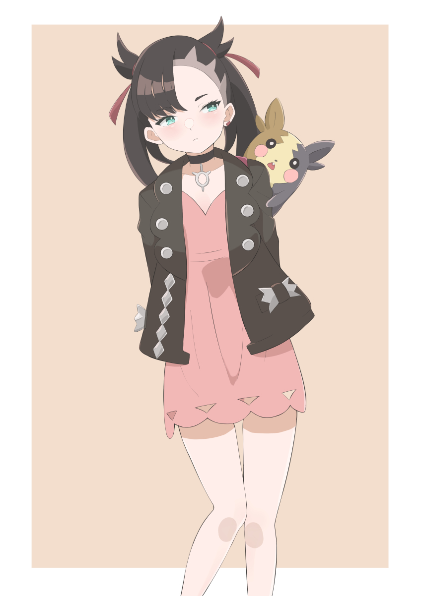 1girl absurdres arms_behind_back asymmetrical_bangs black_choker black_hair black_jacket border choker closed_mouth dress earrings feet_out_of_frame gen_8_pokemon green_eyes hair_ribbon highres jacket jewelry kapuhedo_(caplico_77) looking_to_the_side marnie_(pokemon) medium_hair morpeko morpeko_(full) nintendo pendant_choker pink_dress pokemon pokemon_(creature) pokemon_swsh red_ribbon ribbon short_dress single_earring standing twintails two_side_up undercut white_border