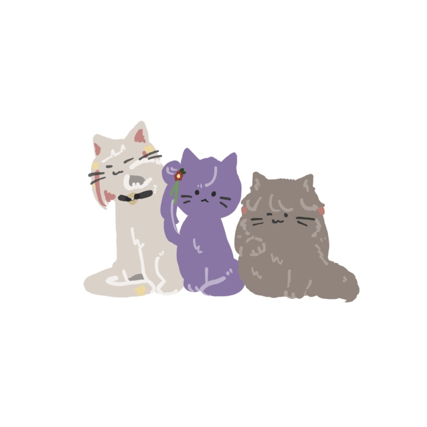 ;3 animal_focus black_collar black_gloves bob_cut brown_cat closed_eyes closed_mouth collar colored_inner_hair commentary diagonal_bangs flower fujishima_megumi gloves grey_cat grey_hair hair_bun hair_flower hair_ornament half_gloves hand_on_own_cheek hand_on_own_face highres inverted_bob link!_like!_love_live! long_hair looking_at_viewer love_live! mashikaku_(ma4kaku10fu) multicolored_hair multiple_cats no_humans o-ring_collar one_eye_closed otomune_kozue purple_cat purple_hair red_flower red_hair short_hair side_ponytail sidelocks simple_background single_side_bun sitting smile star_(symbol) star_hair_ornament streaked_hair two_side_up virtual_youtuber white_background yugiri_tsuzuri