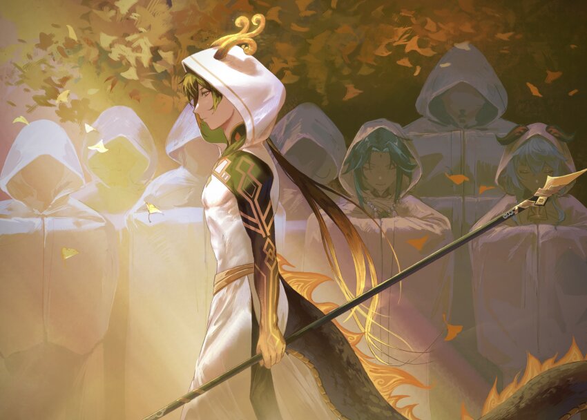 1girl 2boys bead_necklace beads bell black_hair blue_hair brown_hair closed_mouth dragon_boy dragon_horns dragon_tail facial_hair facial_mark forehead_mark ganyu_(genshin_impact) genshin_impact gradient_hair green_hair highres holding holding_polearm holding_weapon hood hood_up horns horns_through_hood jewelry leaf long_hair low_ponytail male_focus mizuku_hei multicolored_hair multiple_boys neck_bell necklace polearm ponytail silhouette tail vortex_vanquisher_(genshin_impact) weapon xiao_(genshin_impact) zhongli_(genshin_impact)