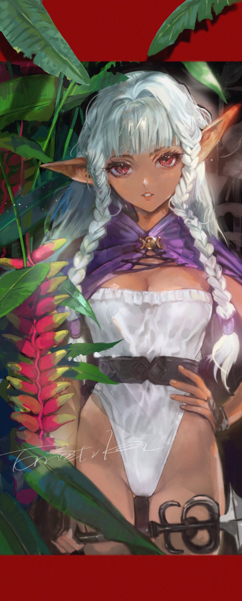 1girl absurdres aqua_hair braid breasts cape cleavage cloak dark-skinned_female dark_elf dark_skin elf hand_on_own_hip highres holding holding_polearm holding_weapon leotard long_hair looking_at_viewer plant pointy_ears polearm purple_cape purple_cloak red_eyes rosalinde_(unicorn_overlord) signature solo strapless tomatika twin_braids unicorn_overlord very_long_hair weapon white_leotard