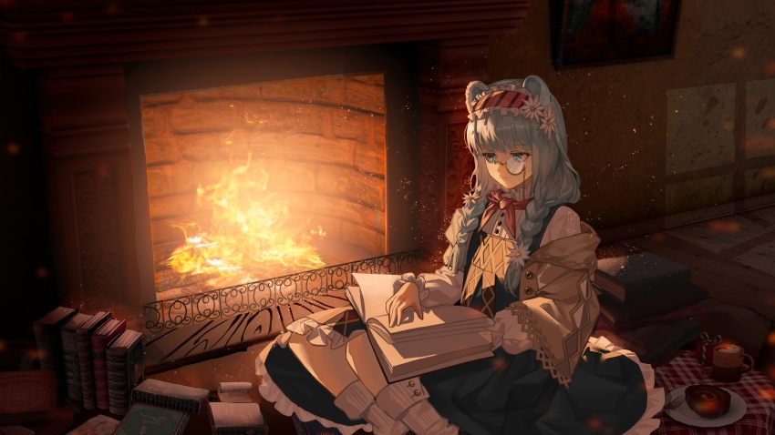 1girl absurdres animal_ears arknights bear_ears blue_eyes blue_hair blue_skirt book book_stack braid buttons chinese_commentary cinnamon_roll closed_mouth commentary_request cup expressionless fire fireplace flower fork gift hair_flower hair_ornament hairband highres holding holding_book istina_(arknights) istina_(bibliosmia)_(arknights) jacket jidian967 light_blue_hair long_sleeves monocle mug neckerchief off_shoulder official_alternate_costume open_book open_clothes open_jacket plate reading red_hairband red_neckerchief shirt sitting skirt solo suspender_skirt suspenders twin_braids white_flower white_shirt yellow_jacket