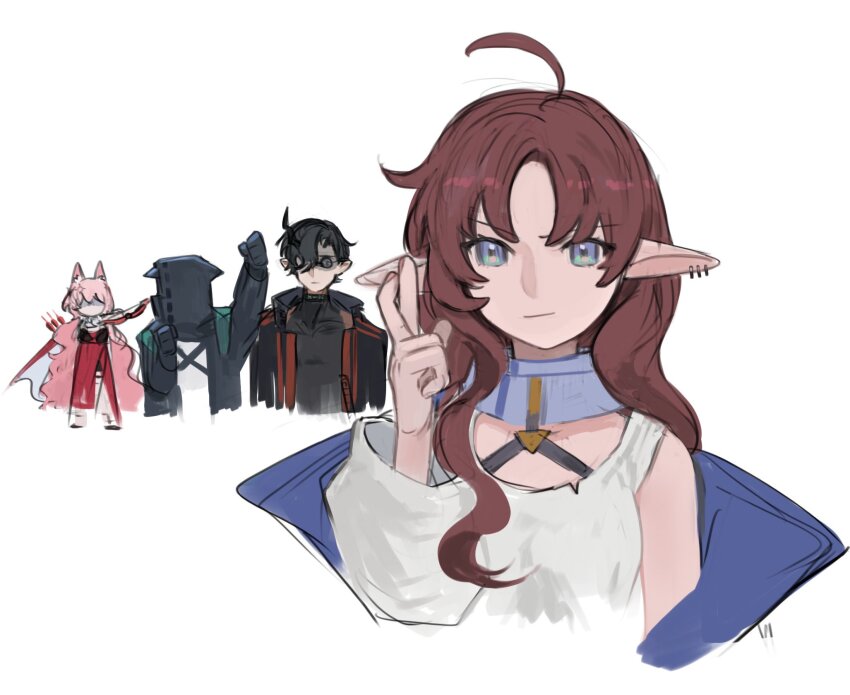 1boy 1other 2girls ahoge aiming arknights arm_up black_hair blue_eyes bow_(weapon) crossed_fingers doctor doctor_(arknights) earrings flamebringer_(arknights) highres hood hood_up horns jewelry jujutsu_kaisen multiple_girls myrtle_(arknights) parody pink_hair pointy_ears pozyomka_(arknights) red_hair single_horn solo_focus sunglasses tank_top weapon white_background white_tank_top wolf_girl yomotobi