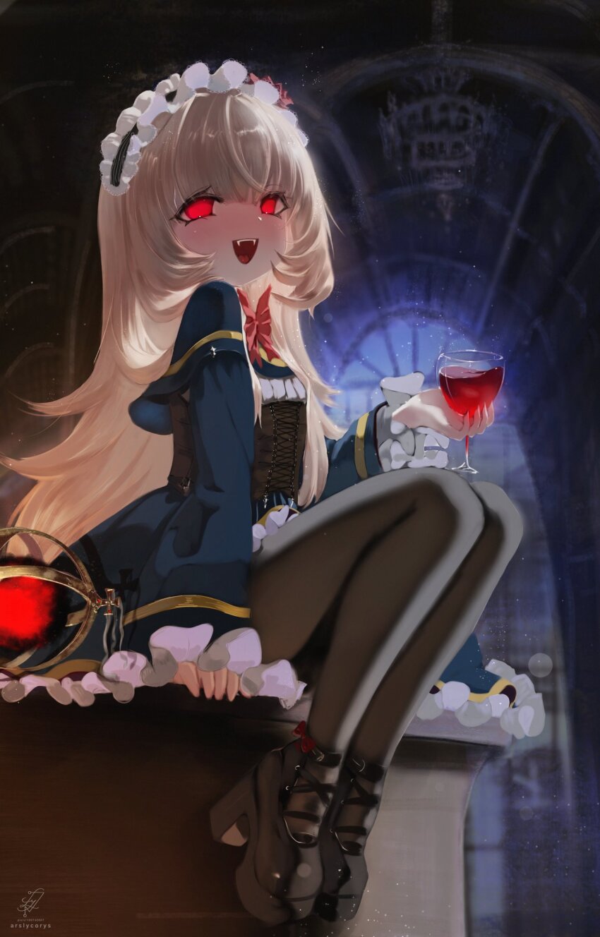 1girl ars_lycorys black_corset black_pantyhose black_shoes blonde_hair blue_dress blurry blurry_foreground character_request commission copyright_request corset cup dress drinking_glass fangs frilled_dress frilled_hairband frilled_sleeves frills glowing glowing_eyes hairband highres long_hair mary_janes pantyhose platform_shoes red_eyes shoes sitting solo vampire watermark white_hairband wine_glass