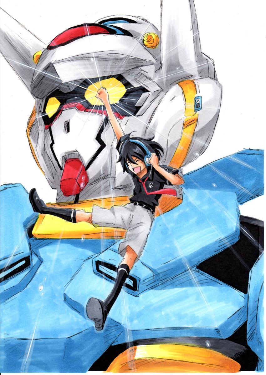 1boy ^_^ absurdres airborne bellri_zenam black_legwear black_shirt boots closed_eyes closed_eyes g-self grey_shorts gundam gundam_g_no_reconguista headphones highres knee_boots male_focus mecha mobile_suit oota_tamon open_mouth robot shirt shorts smile traditional_media white_background yellow_eyes