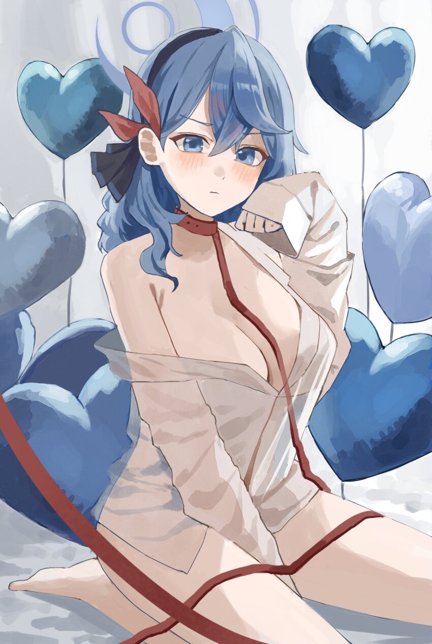 1girl ako_(blue_archive) alternate_costume balloon bare_shoulders black_hairband blue_archive blue_eyes blue_hair blue_halo blush breasts cleavage closed_mouth commentary hair_ribbon hairband halo hand_up heart_balloon highres large_breasts leash long_hair long_sleeves muffin_(loveenanag) red_ribbon ribbon see-through_clothes see-through_shirt seiza shirt single_off_shoulder sitting sleeves_past_wrists solo