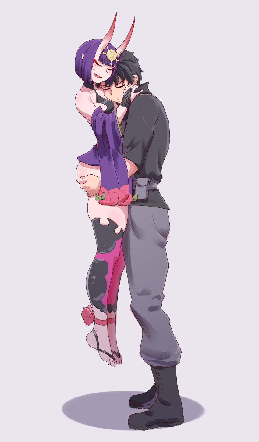 1boy 1girl absurdres ass bare_shoulders barefoot belt black_bra black_choker black_hair black_shirt black_shoes bob_cut bra breasts choker detached_sleeves eyeliner fang fate/grand_order fate_(series) fingerless_gloves fujimaru_ritsuka_(male) fujimaru_ritsuka_(male)_(polar_chaldea_uniform) gloves grabbing_another&#039;s_ass grey_pants groping hair_ornament hectaryecgaa highres horns hug huge_ass japanese_clothes kimono makeup oni open_clothes open_kimono open_mouth pants puffy_sleeves purple_hair red_eyeliner shirt shoes short_hair shuten_douji_(fate) simple_background skin-covered_horns small_breasts thick_thighs thighhighs thighs toes underwear wide_hips