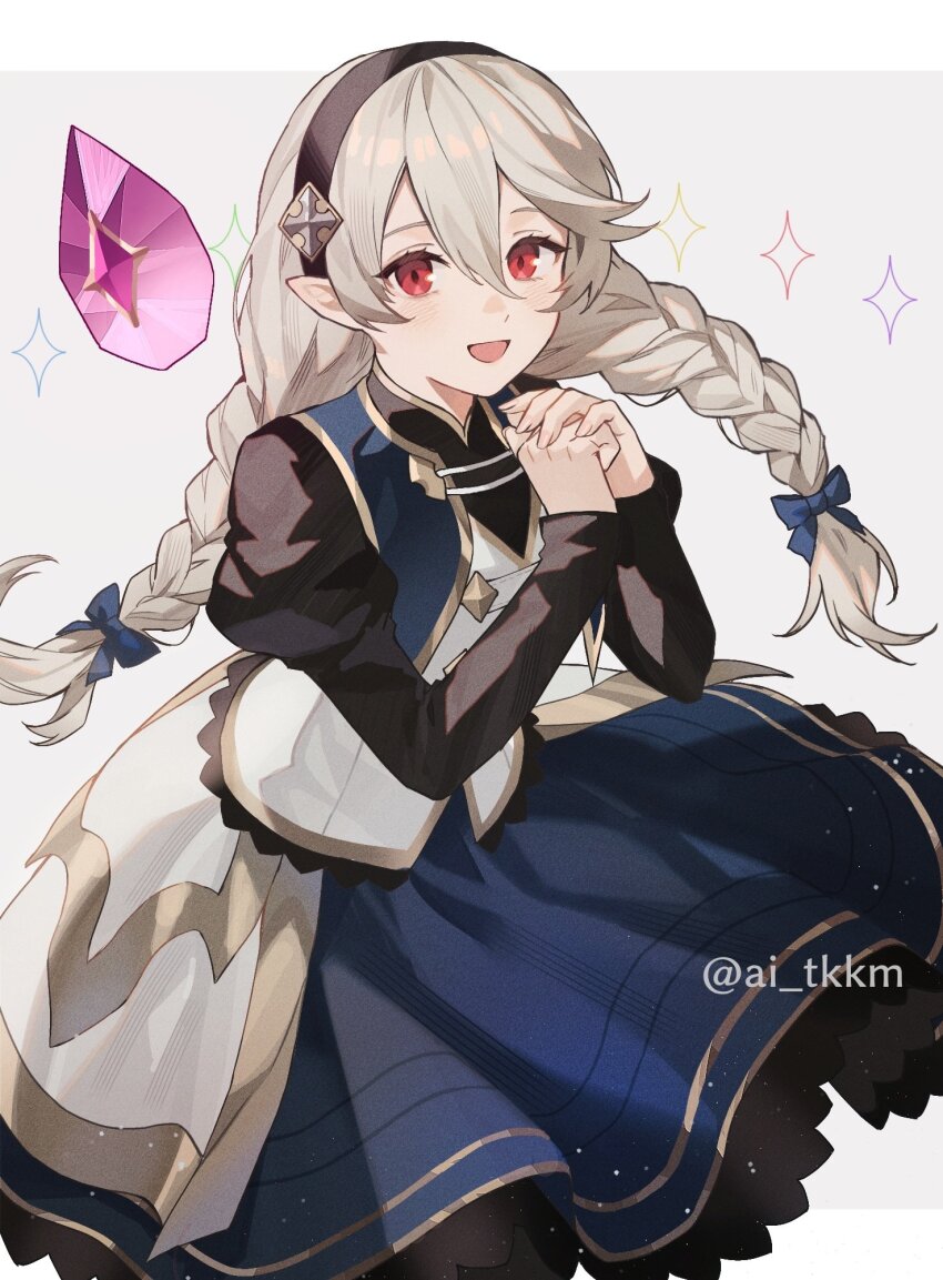 1girl ai_tkkm black_hairband braided_twintails female_corrin_(fire_emblem) female_corrin_(young_kinship)_(fire_emblem) dragonstone dress fire_emblem fire_emblem_fates fire_emblem_heroes grey_hair hairband highres long_hair looking_at_viewer nintendo open_mouth pointy_ears red_eyes simple_background smile twintails