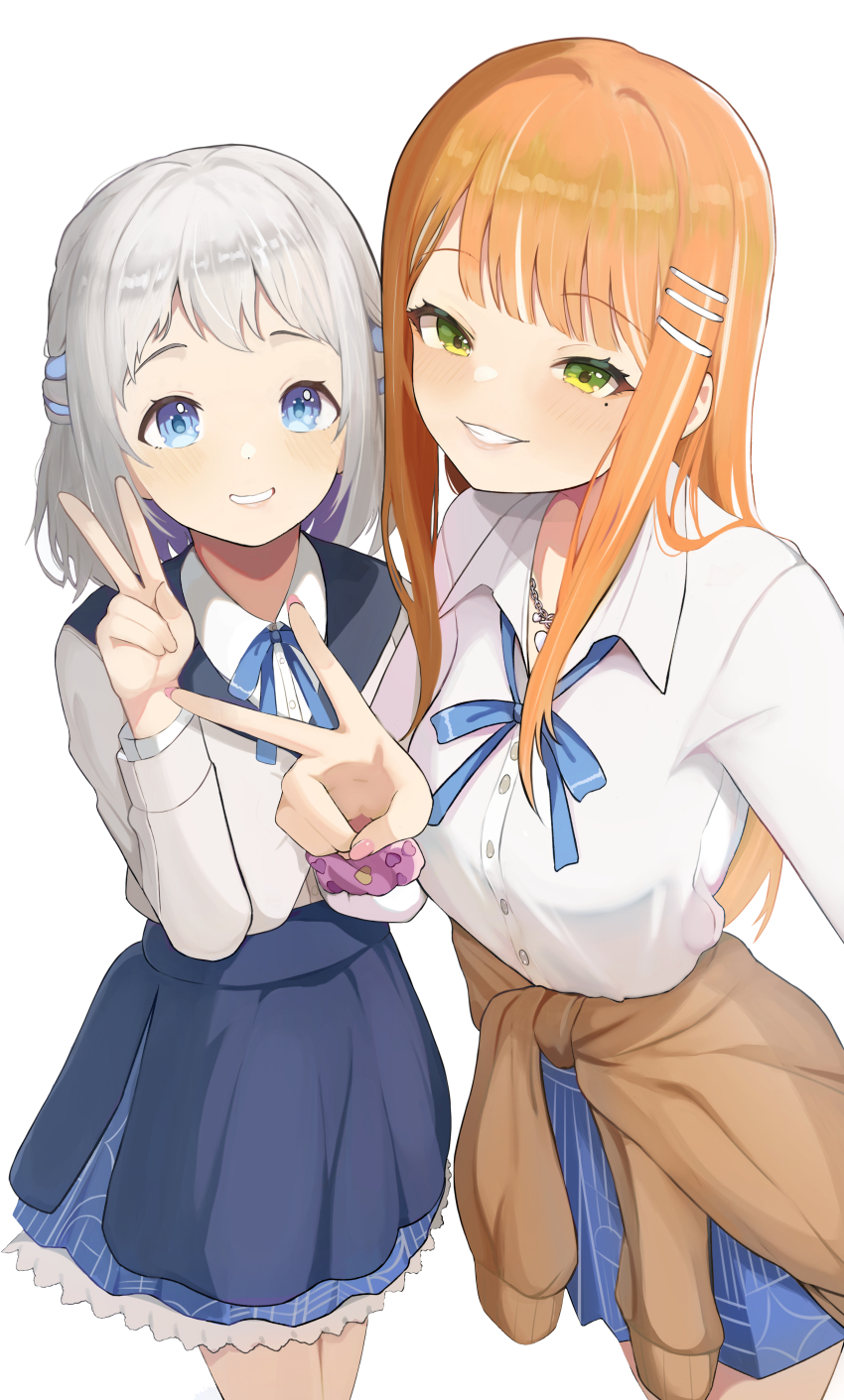 2girls absurdres blue_overskirt blue_ribbon blue_skirt blush brown_cardigan cardigan cardigan_around_waist clothes_around_waist dress_shirt fingernails gakuen_idolmaster grey_hair gyaru hatsuboshi_gakuen_school_uniform highres idolmaster jacket katsuragi_lilja kogal long_hair looking_at_viewer mole mole_under_eye multiple_girls nail_polish neck_ribbon orange_hair ribbon ritseya school_uniform scrunchie shirt shiun_sumika short_hair simple_background skirt smile straight_hair v white_jacket white_shirt wrist_scrunchie