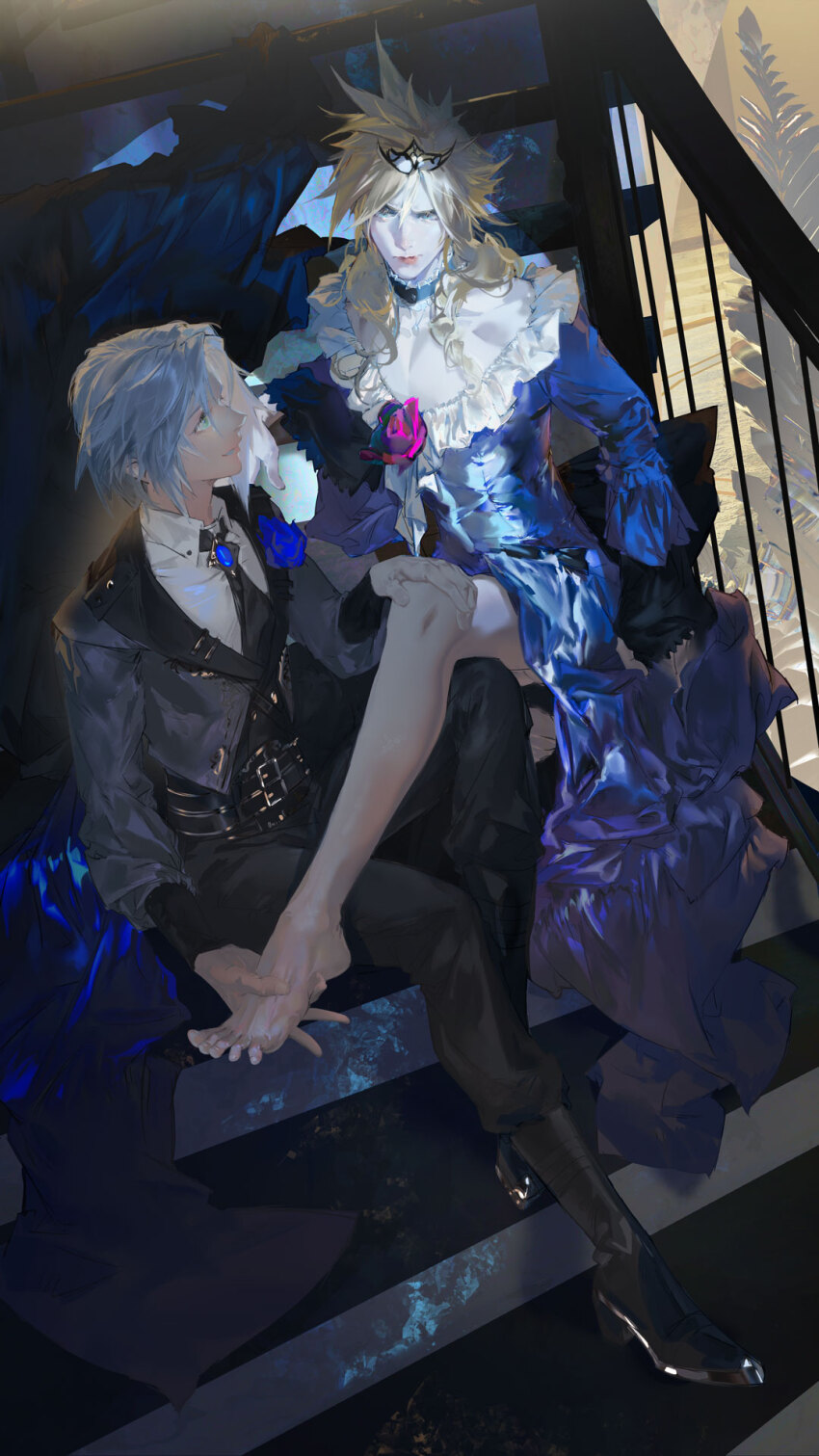 aged_down barefoot belt black_belt black_choker black_footwear black_necktie black_pants black_tiara blonde_hair blue_cape blue_dress blue_flower blue_gemstone blue_rose boots cape choker cloud_strife cloud_strife_(ball_gown) collared_shirt corsage crossdressing dress dress_flower elbow_rest enjoutoru feet final_fantasy final_fantasy_vii final_fantasy_vii_ever_crisis final_fantasy_vii_remake flower formal_clothes frilled_choker frilled_sleeves frills from_above furrowed_brow gem green_eyes grey_hair grey_jacket hair_over_shoulder hand_on_another&#039;s_leg highres holding_another&#039;s_foot indoors jacket long_hair long_sleeves looking_at_another looking_up multiple_belts necktie night official_alternate_costume pants pectoral_cleavage pectorals pink_flower plant puffy_long_sleeves puffy_sleeves rose sephiroth sephiroth_(dark_attire) sephiroth_(ever_crisis) shirt short_hair single_bare_leg sitting sitting_on_stairs smile spiked_hair stairs tiara time_paradox white_shirt wing_collar yaoi