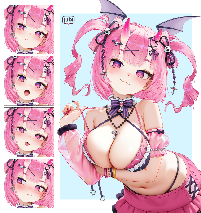 1girl :3 absurdres arm_under_breasts asymmetrical_sleeves bead_necklace beads bikini bikini_top_only blush bracelet breasts cleavage commentary commission demon_wings detached_collar detached_sleeves english_commentary fang frilled_bikini frills gradient_horns hair_ornament head_tilt head_wings heart heart-shaped_pupils highleg highres horns indie_virtual_youtuber jewelry large_breasts leaning_forward long_sleeves looking_at_viewer looking_to_the_side mismatched_sleeves multicolored_eyes multicolored_horns multiple_bracelets multiple_expressions naughty_face navel necklace nose_blush oni open_mouth pink_bikini pink_eyes pink_hair pink_horns pink_skirt pink_sleeves puffy_long_sleeves puffy_short_sleeves puffy_sleeves regiana_(jubi) rei_onihime short_sleeves skin-covered_horns skin_fang skirt skull_hair_ornament stomach swimsuit symbol-shaped_pupils tongue tongue_out two_side_up virtual_youtuber wings x_hair_ornament