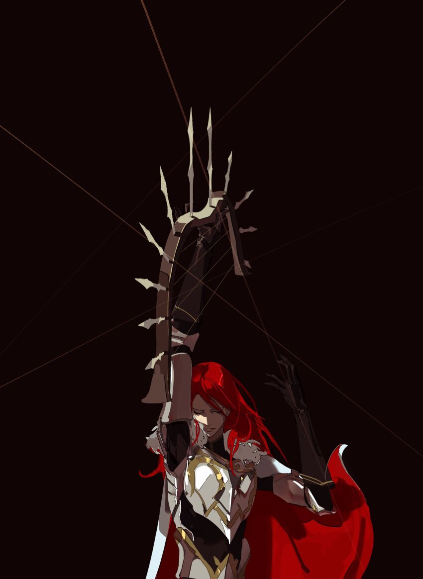 armor bow cape fate/grand_order fate_(series) harp highres holding holding_weapon instrument knight red_cape red_hair simple_background siyemmm string tristan_(fate) weapon white_cape