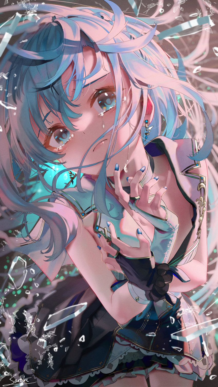 1girl black_choker black_skirt blue_eyes blue_hair blue_nails breasts bridal_gauntlets choker closed_mouth collarbone commentary crying crying_with_eyes_open earrings english_commentary highres jewelry long_hair looking_at_viewer nail_polish original saraki shirt skirt sleeveless sleeveless_shirt small_breasts solo tears white_shirt
