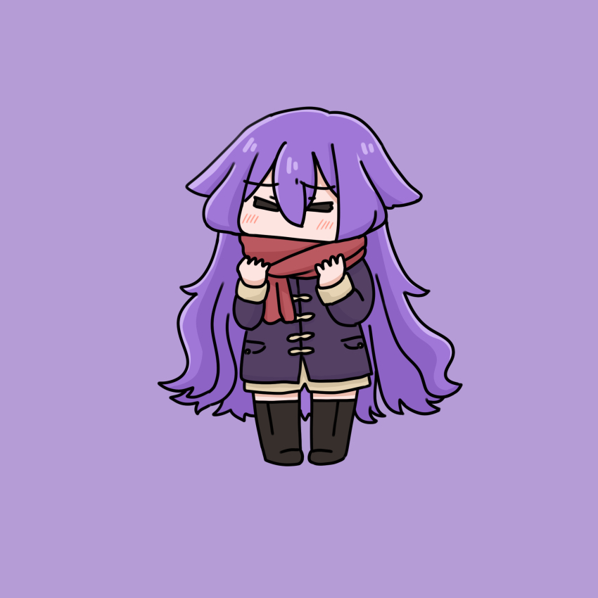 1girl black_boots blush boots chibi closed_eyes coat commentary_request facing_viewer full_body hair_between_eyes hands_up highres honkai_(series) honkai_impact_3rd long_hair long_sleeves mokkyo_(motkyo) purple_background purple_coat purple_hair red_scarf scarf simple_background sirin solo standing thigh_boots very_long_hair