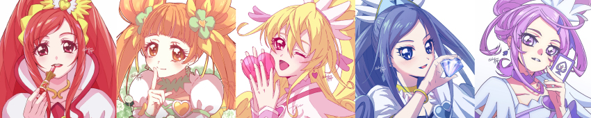 5girls absurdres aida_mana blonde_hair blue_eyes blue_hair bow brooch brown_eyes brown_hair card_(medium) choker clover_earrings crown_bow cure_ace cure_diamond cure_heart cure_rosetta cure_sword diamond_hands dokidoki!_precure double_bun green_choker hair_bow hair_bun hair_ornament heart heart_brooch heart_hair_bun heart_hair_ornament high_ponytail highres hishikawa_rikka jewelry kenzaki_makoto lipstick long_hair long_image looking_at_viewer madoka_aguri magical_girl makeup multiple_girls open_mouth pink_arm_warmers pink_eyes pink_sleeves ponytail precure purple_arm_warmers purple_choker purple_eyes purple_hair red_eyes red_hair short_hair smile spade_hair_ornament suzumi_yufu twintails upper_body waist_bow wide_image wrist_cuffs yotsuba_alice