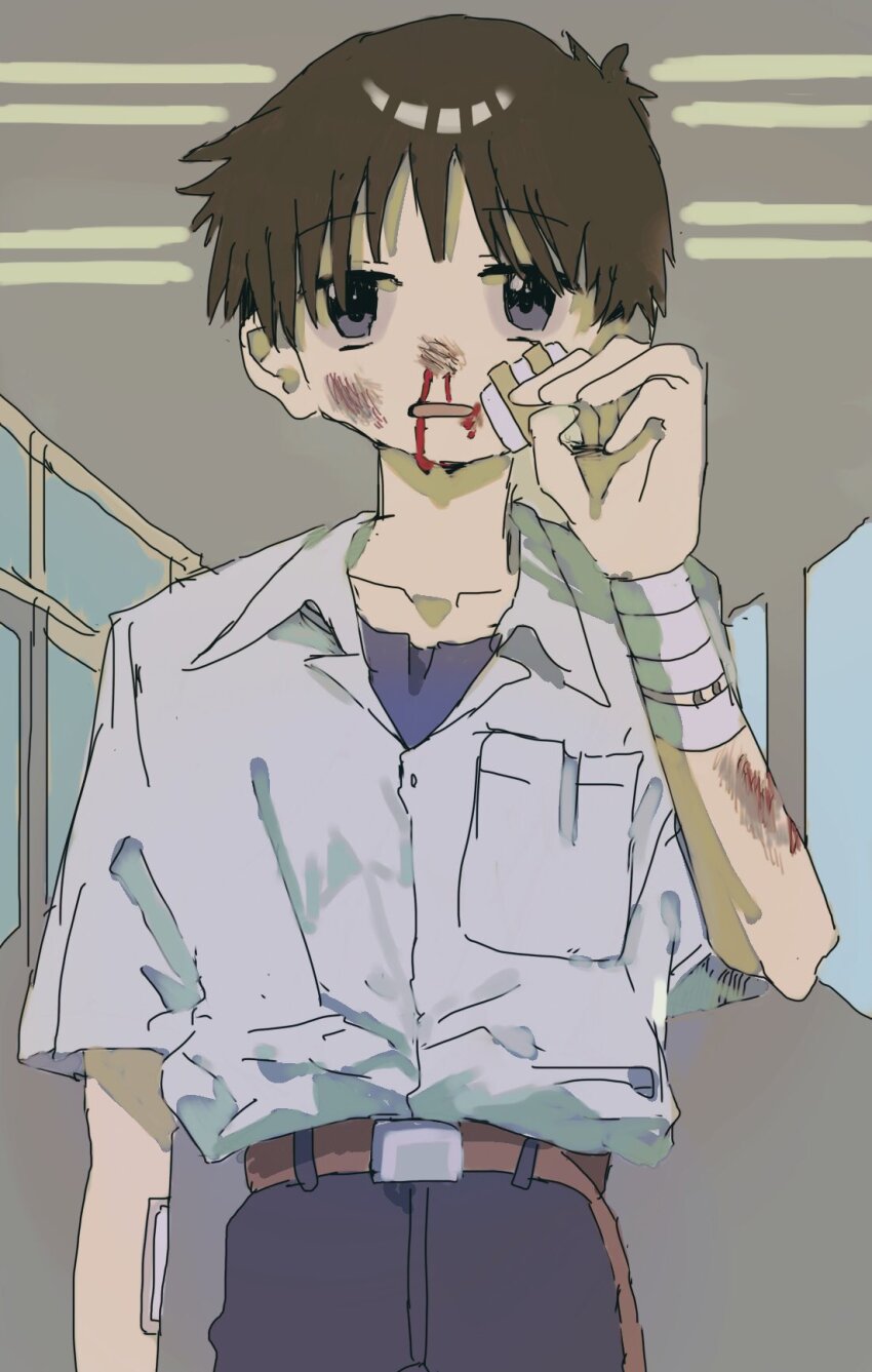 1boy bandaged_wrist bandages bandaid bandaid_on_arm bandaid_on_cheek bandaid_on_face belt belt_buckle black_pants blood blue_eyes blue_undershirt brown_belt brown_hair bruise bruise_on_arm bruise_on_face buckle collared_shirt hallway highres ikari_shinji injury male_focus meimeiner neon_genesis_evangelion nosebleed pants school_uniform shirt shirt_tucked_in short_hair solo tokyo-3_middle_school_uniform white_shirt