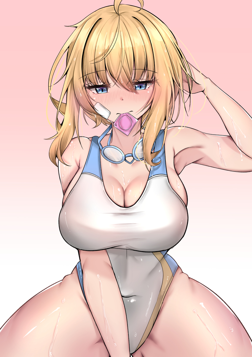 1girl absurdres ahoge amy_strickland arm_up bare_arms blonde_hair blue_eyes breasts cleavage closed_mouth collarbone commission competition_swimsuit condom condom_in_mouth counter:side covered_navel goggles goggles_around_neck gradient_background hair_between_eyes highres large_breasts long_hair mouth_hold one-piece_swimsuit sera4 simple_background skindentation swimsuit thick_thighs thighs wet