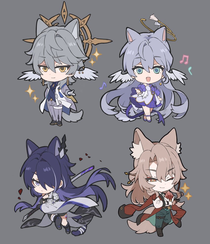 2boys 2girls absurdres acheron_(honkai:_star_rail) animal_ear_fluff animal_ears bandaged_tail bandages blue_eyes cat_boy cat_ears cat_girl cat_tail chibi closed_mouth dress gloves grey_background grey_hair hair_between_eyes hair_over_eyes halo head_wings highres holding holding_weapon honkai:_star_rail honkai_(series) jiaoqiu_(honkai:_star_rail) kemonomimi_mode long_hair multiple_boys multiple_girls musical_note one_eye_closed open_mouth pants papajay_(jennygin2) robin_(honkai:_star_rail) simple_background sparkle sunday_(honkai:_star_rail) tail very_long_hair weapon wings