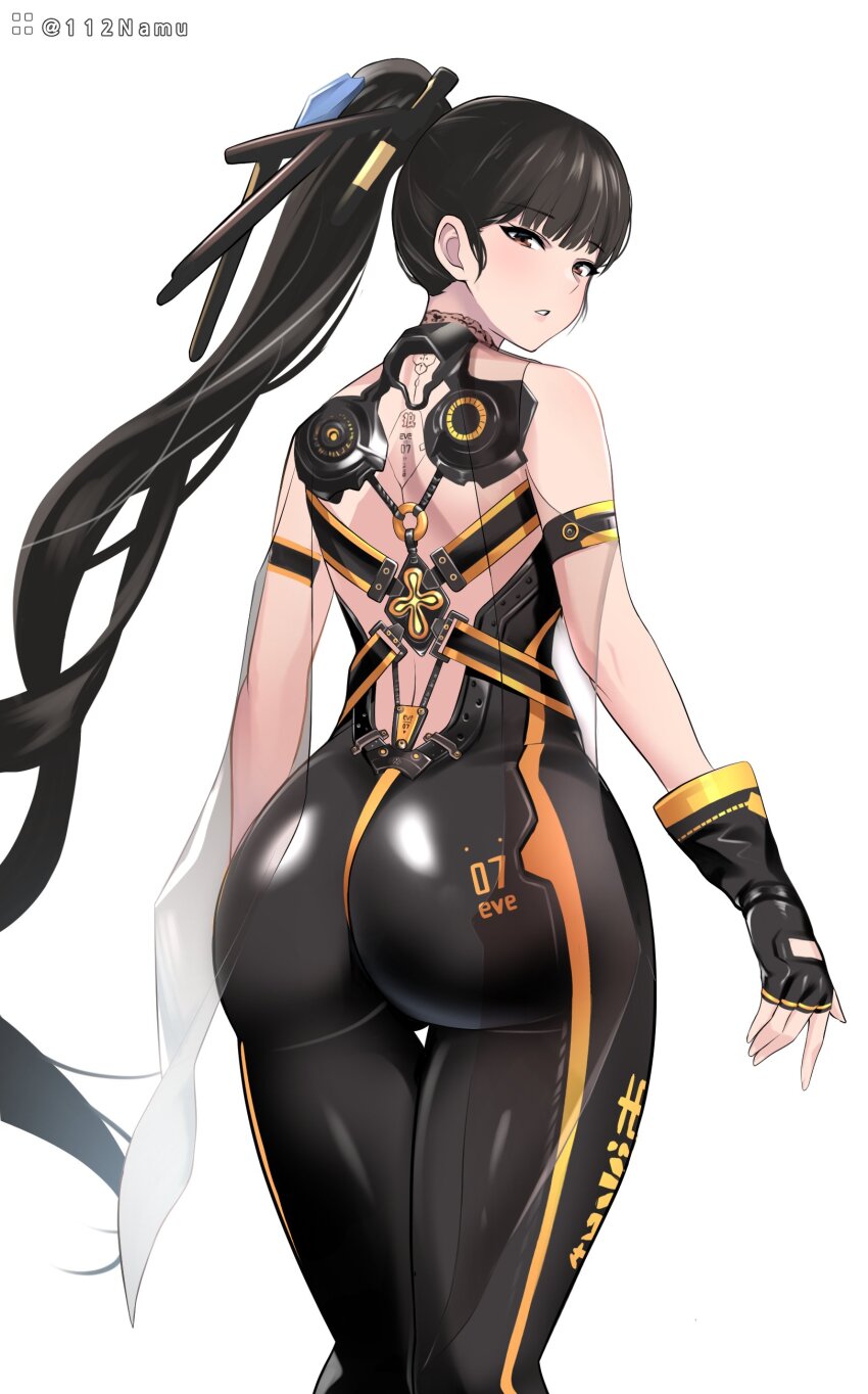 1girl absurdres ass ass_focus black_bodysuit black_hair blunt_bangs bodysuit brown_eyes commentary english_commentary eve_(stellar_blade) from_behind hair_ornament highres long_hair looking_at_viewer looking_back namu_(112namu) official_alternate_color planet_diving_suit_(7th)_(stellar_blade) ponytail skin_tight solo stellar_blade twitter_username very_long_hair white_background