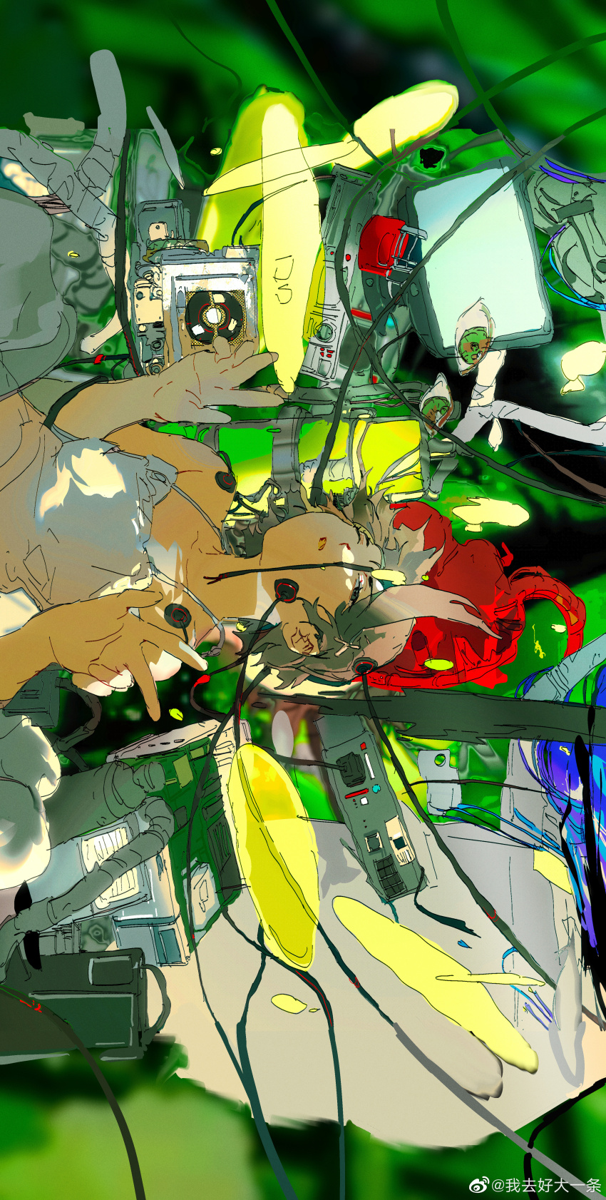 1girl absurdres bare_shoulders brown_eyes brown_hair cable cloudyooooo collarbone computer dress floating_hair hair_ornament hands_up highres iwakura_lain machinery one_eye_closed serial_experiments_lain short_hair spaghetti_strap upper_body w watermark weibo_watermark white_dress wire x_hair_ornament