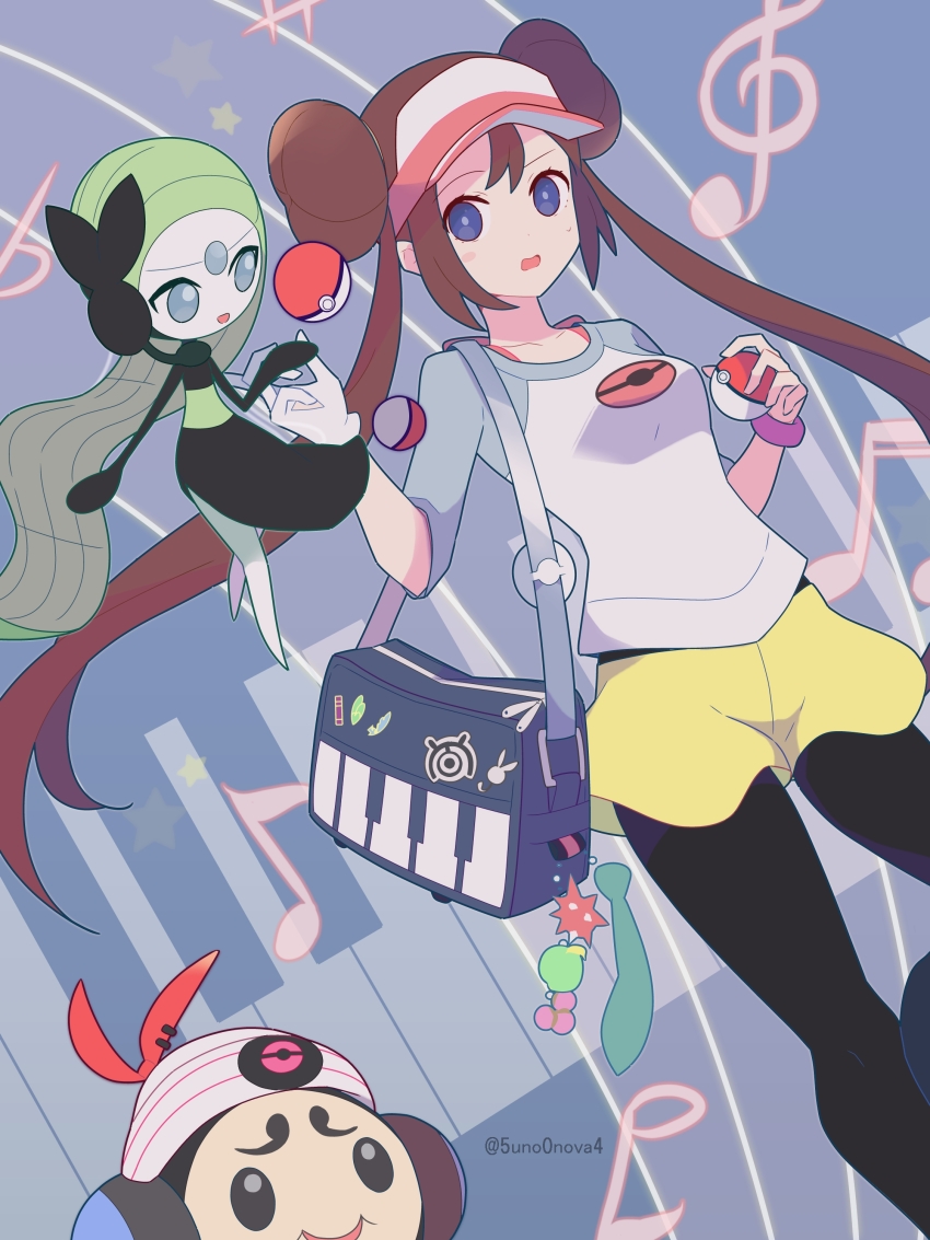 1girl 343rone absurdres bag black_pantyhose blue_eyes bracelet bright_pupils brown_hair commentary_request donut_hair_bun double_bun eyelashes gen_5_pokemon grey_background hair_bun highres holding holding_poke_ball jewelry legendary_pokemon long_hair meloetta musical_note mythical_pokemon nintendo no_feet open_mouth pantyhose partial_commentary poke_ball pokemon pokemon_(creature) pokemon_bw2 raglan_sleeves rosa_(pokemon) shirt shorts sidelocks twintails tympole visor_cap white_headwear yellow_shorts