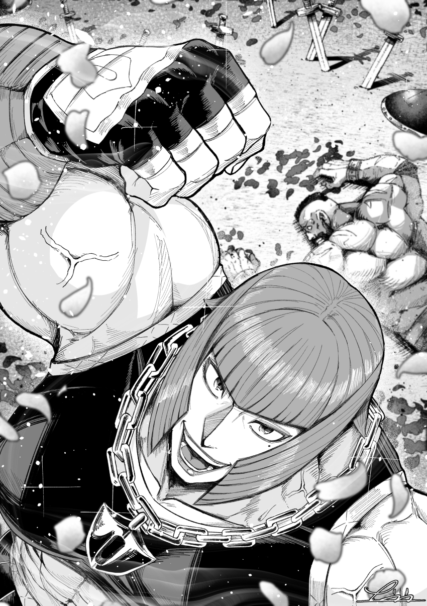 1boy 1girl abs absurdres arms_up bare_back black_sports_bra breasts capcom celebration chain clenched_hands defeat fingerless_gloves food gloves hand_wraps highres large_breasts lips lying marisa_(street_fighter) monochrome multiple_swords muscular muscular_female muscular_male nankou_(koutanan) on_ground open_mouth outdoors petals planted planted_sword planted_weapon short_hair smile sports_bra street_fighter street_fighter_6 sword upper_body weapon zangief