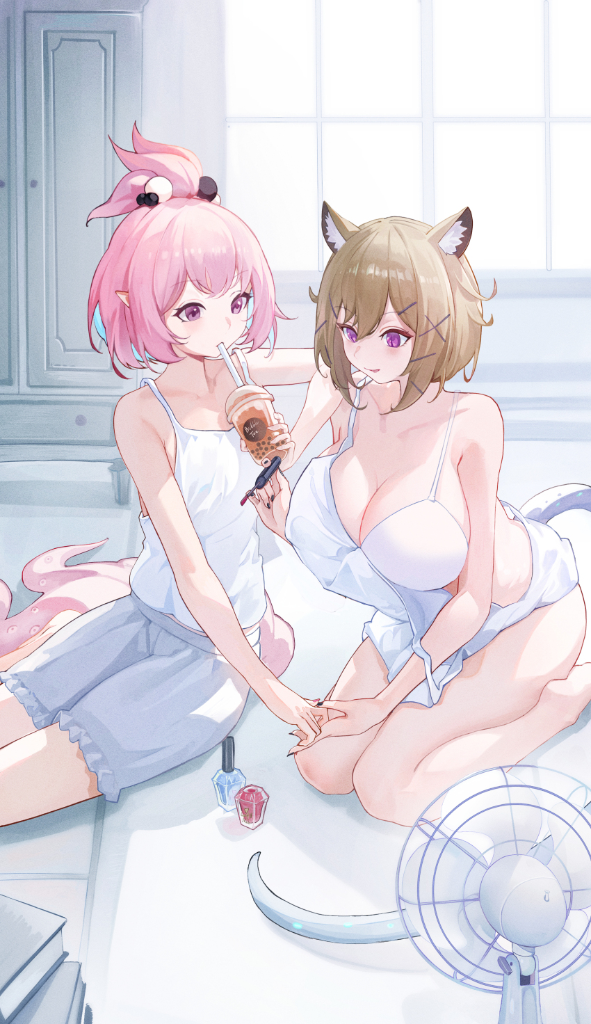 2girls absurdres animal_ear_fluff animal_ears applying_manicure arknights bare_legs bare_shoulders barefoot black_nails bra breasts brown_hair bubble_tea camisole chinese_commentary cleavage commentary_request cup electric_fan hair_ornament highres holding holding_cup huge_breasts indoors kirara_(arknights) legs lizard_tail multiple_girls pink_hair pointy_ears purple_eyes seiza short_hair shorts sitting small_breasts tail underwear utage_(arknights) white_bra white_camisole white_shorts wuzhihuijia