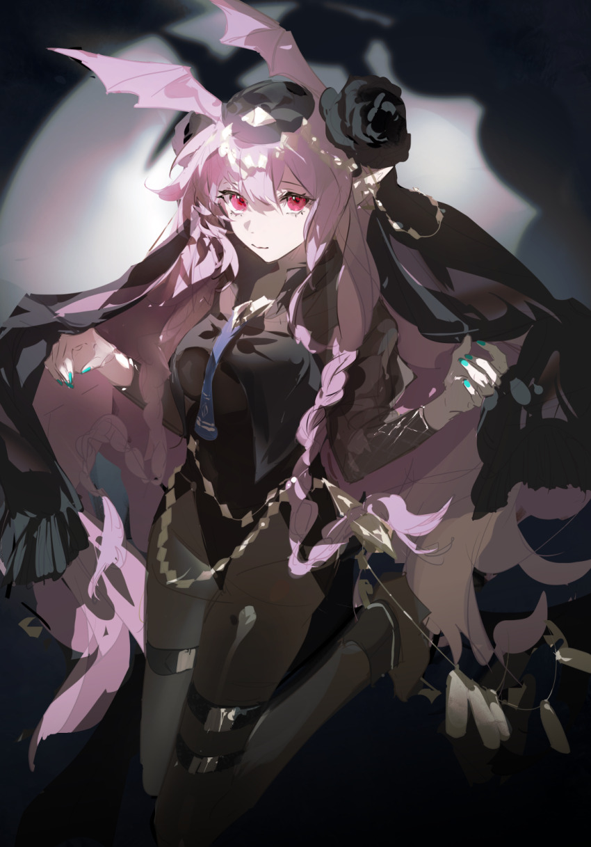 1girl aonogura arknights black_flower black_leotard black_pantyhose black_rose bodystocking braid flower head_wings highres leotard long_hair looking_at_viewer manticore_(arknights) manticore_(under_a_veil)_(arknights) nail_polish official_alternate_costume pantyhose pink_hair pointy_ears red_eyes rose solo spotlight twin_braids veil wings