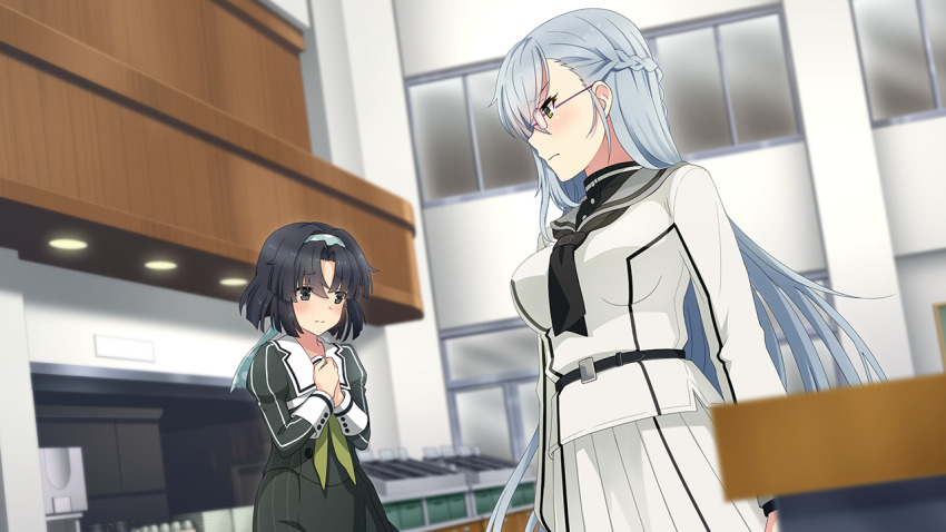 2girls ayanokouji_martial_arts_school_uniform black_hair black_neckerchief blurry blurry_background blurry_foreground braid breasts closed_mouth dress game_cg glasses green_dress green_neckerchief grey_eyes grey_hair grey_hairband grey_sailor_collar hairband half_up_braid hands_up heijou_institute_school_uniform indoors kitora_mirja large_breasts long_hair long_sleeves looking_at_another multiple_girls musumi_kiyoka neckerchief non-web_source own_hands_together parted_bangs pleated_skirt sailor_collar school_uniform shirt short_hair skirt standing toji_no_miko toji_no_miko:_kizamishi_issen_no_tomoshibi white_sailor_collar white_shirt white_skirt winter_uniform yellow_eyes