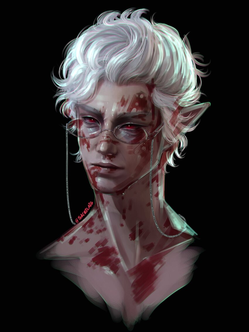 1boy aegyo_sal astarion baldur&#039;s_gate baldur&#039;s_gate_3 blood blood_on_face blood_splatter commentary dungeons_&amp;_dragons dungeons_&amp;_dragons english_commentary glasses highres male_focus narrowed_eyes painterly pointy_ears portrait red_eyes sacrilaig short_hair solo topless_male white_hair