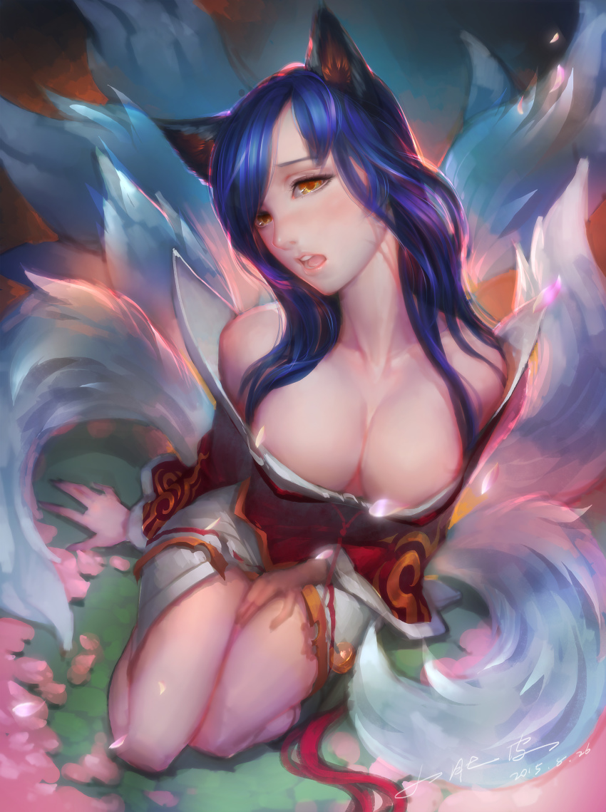 10s 1girl 2015 ahri_(league_of_legends) animal_ears arm_at_side bare_shoulders between_legs blue_hair breasts cleavage collarbone dated downblouse eyelashes facial_mark female_focus fox_ears fox_tail from_above full_body hand_between_legs head_tilt highres korean_clothes large_breasts league_of_legends long_hair long_sleeves multiple_tails off_shoulder open_mouth petals pink_lips seiza signature sitting solo swept_bangs tail veins whisker_markings wide_sleeves xiao_duzi yellow_eyes
